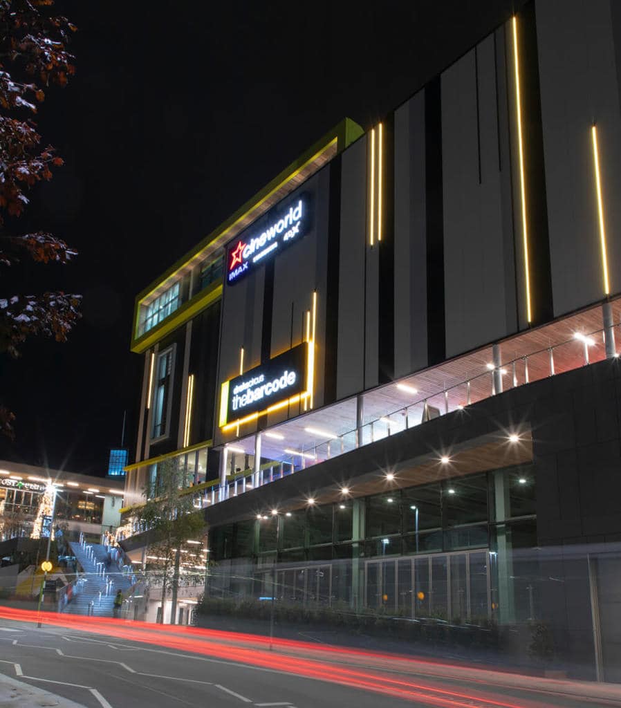 Night time exterior photography of new cinema in Plymouth.