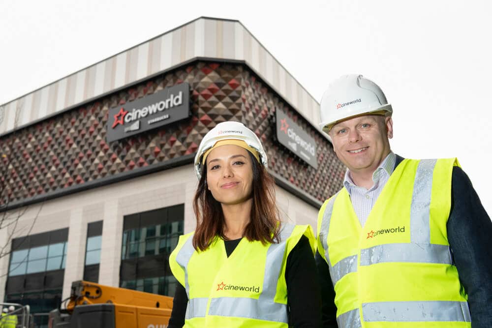 Public relations photograph of cinema construction tour in Warrington.